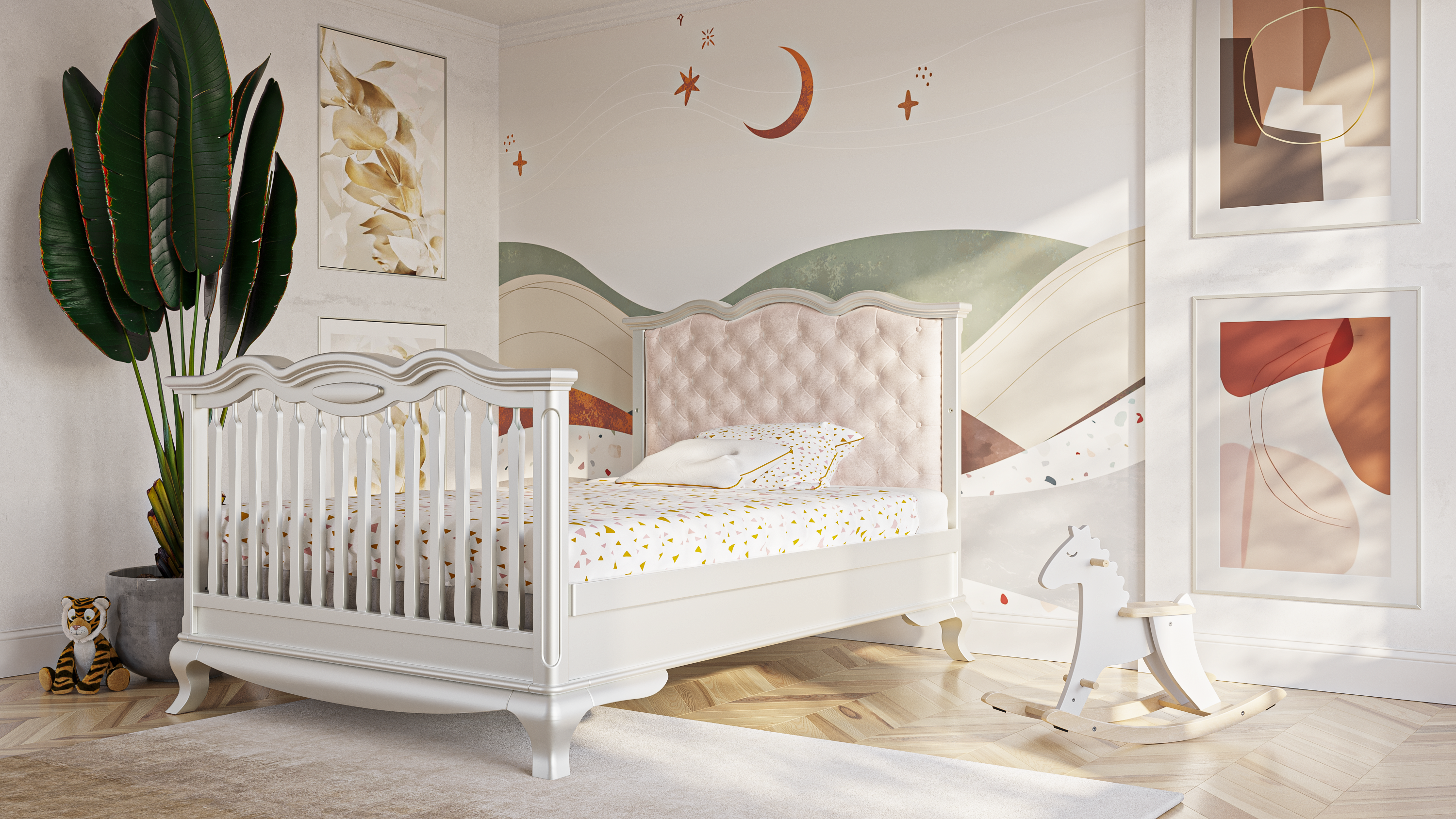 Pătuț Convertibil Cleopatra din Lemn Masiv cu Panou Tapițat