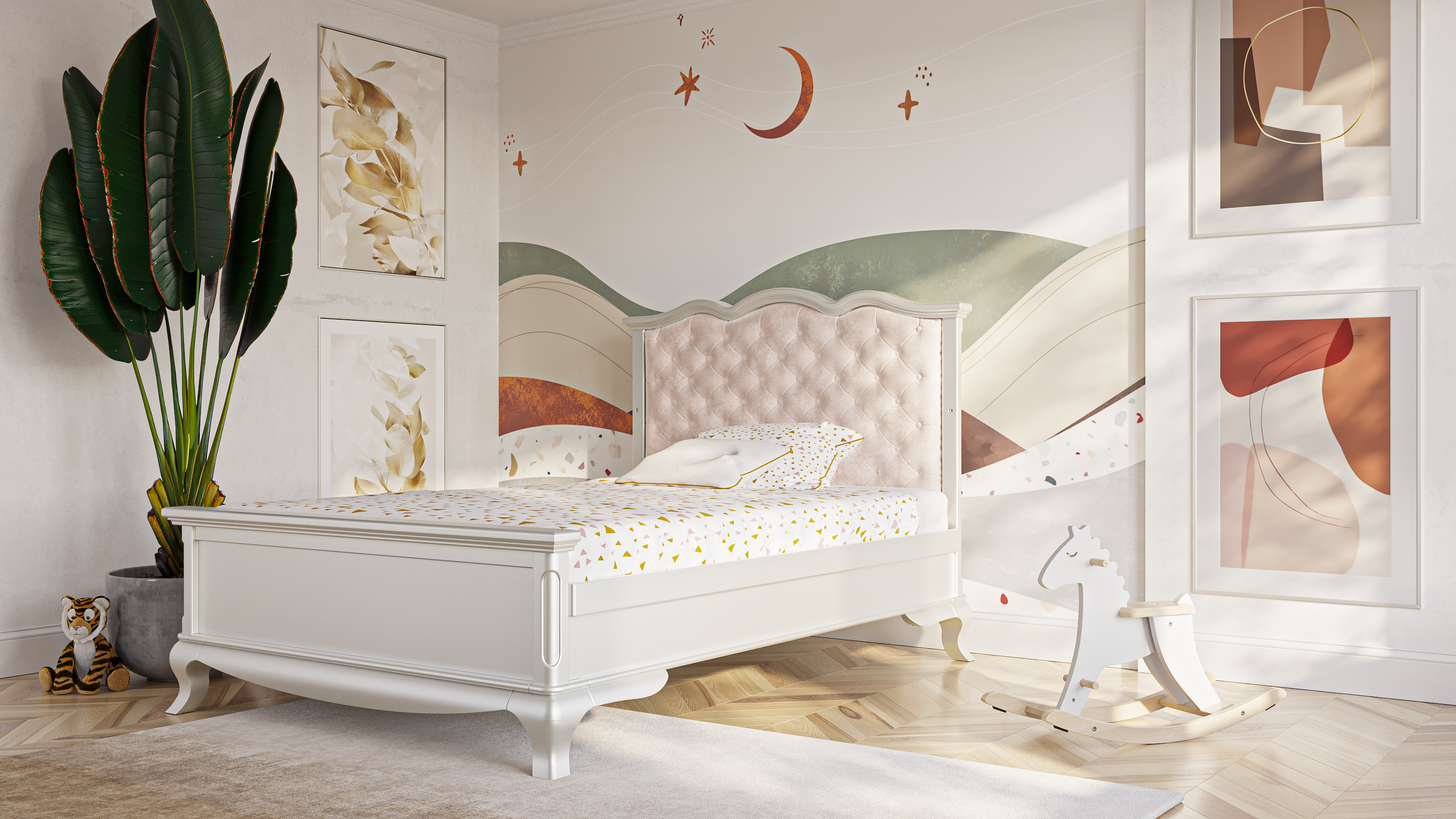 Pătuț Convertibil Cleopatra din Lemn Masiv cu Panou Tapițat